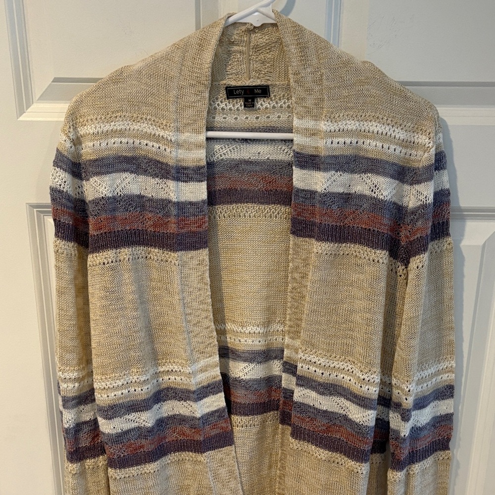 Lety & Me Open-Knit Striped Cardigan in Cream, Purples & White